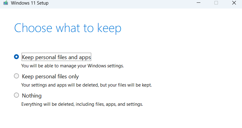 Choisissez ce qu'il faut conserver Invite d'installation de Windows
