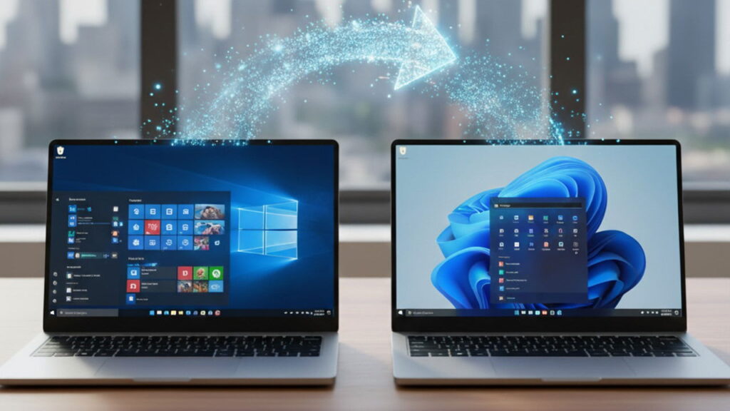 Windows 10 and Windows 11 laptops side by side on a table