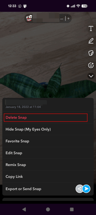 Suppression d'un Snap individuel des souvenirs dans l'application Snapchat.