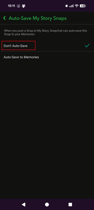 Choisir de "Ne pas enregistrer automatiquement" des histoires dans Snapchat vers Memories.