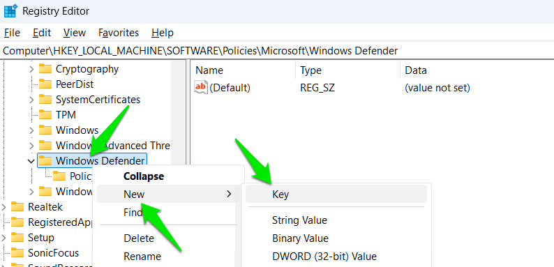 Création d'une nouvelle clé dans le registre Windows