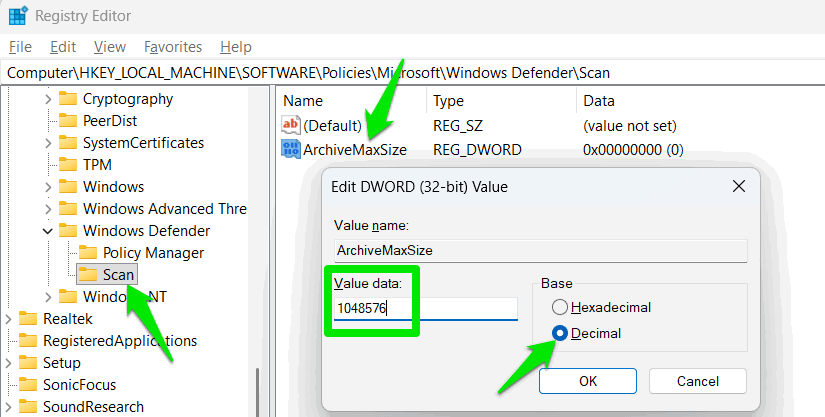 Définition de la taille maximale pour l'analyse des archives dans le registre