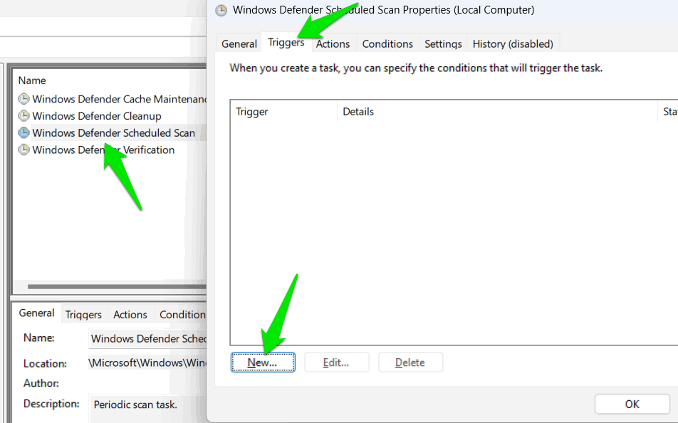 Définition du déclencheur de tâche dans le Planificateur de tâches