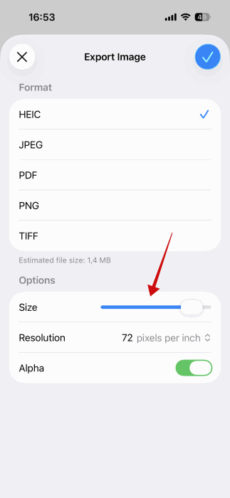 Option d'exportation du fichier dans l'application Aperçu sur iPhone.