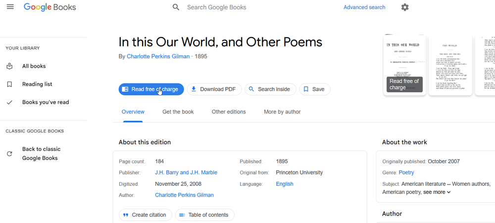 Affichage d'un livre gratuit dans Google Books.