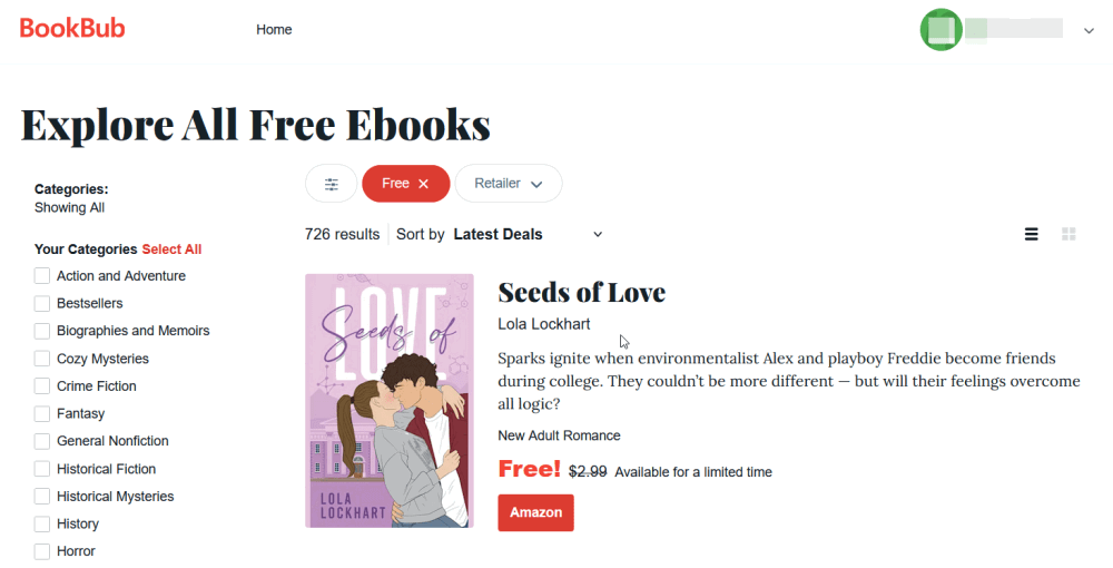 Affichage des options de livres gratuits sur le site Web BookBub.