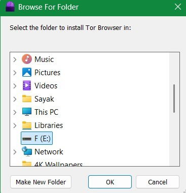 Procédez à la sélection d’un chemin de dossier de clé USB pour parcourir Tor.