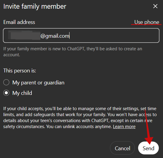 Ajout des détails du compte enfant dans ChatGPT.