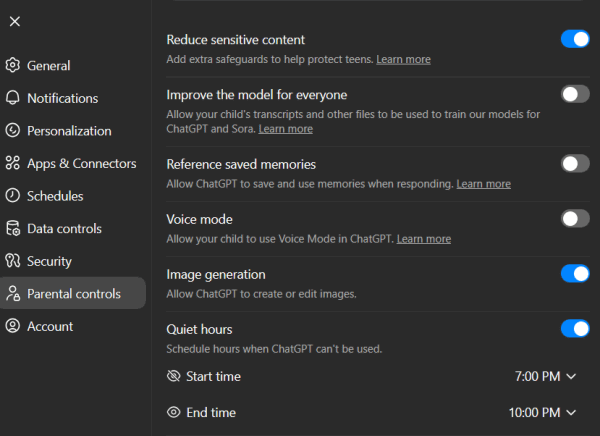 Vue Contrôle parental dans l'application ChatGPT sur le Web.