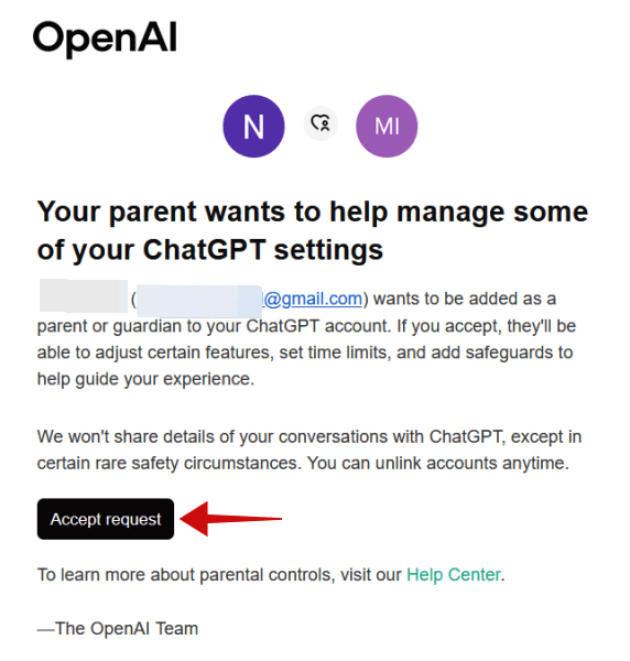 Acceptation de la demande d'ajout en tant que compte enfant dans ChatGPT.