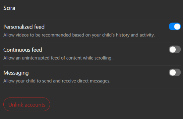 Vue Sora Parental Controls dans l'application ChatGPT sur le Web.