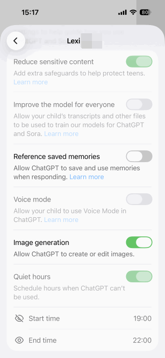 Vue du contrôle parental pour ChatGPT sur l'appareil enfant.