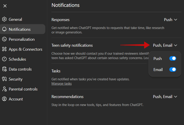 Activation des notifications Push et par e-mail pour la sécurité des adolescents dans le contrôle parental ChatGPT sur le Web.