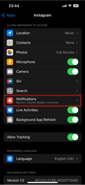 Paramètres iPhone Applications Notifications