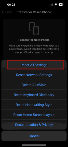 Paramètres de l'iPhone Réinitialiser tous les paramètres