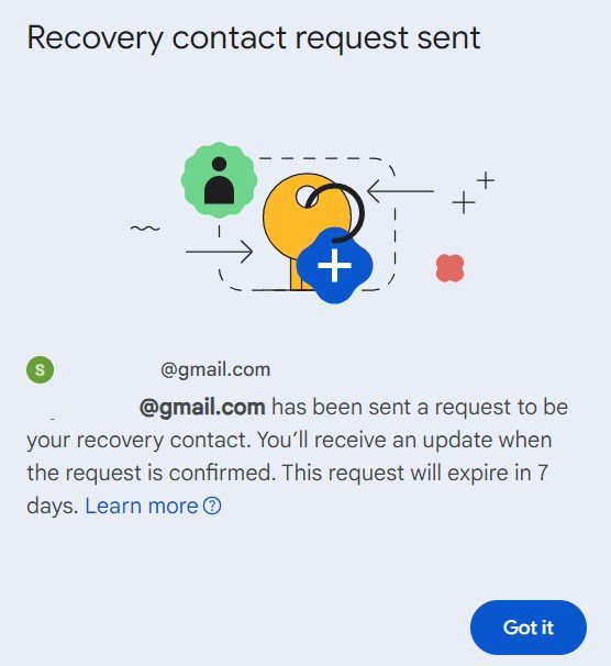 La demande de contact de récupération dans Gmail a été envoyée - fenêtre de confirmation.