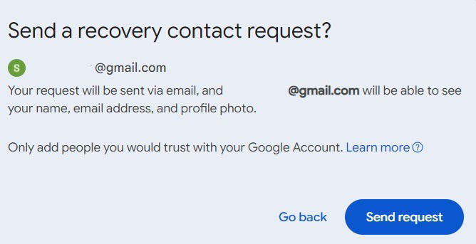 Envoi d'une demande de contact de récupération via Gmail. Cliquez