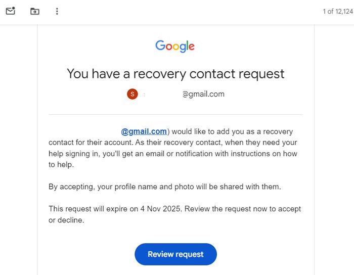 Un e-mail de demande d'examen provenant d'une personne qui souhaite vous ajouter comme contact de récupération Gmail.