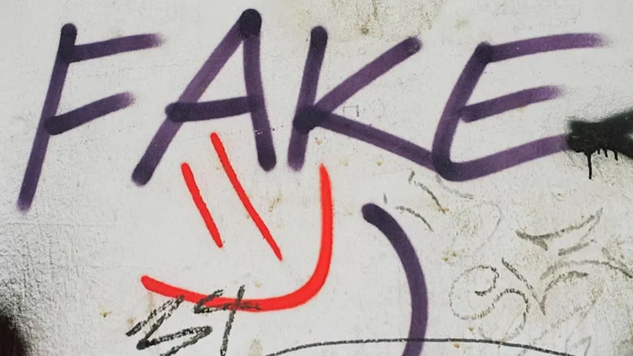 Graffiti on a wall saying fake.