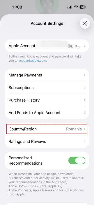Changer le pays/la région à partir des paramètres du compte sur iPhone.