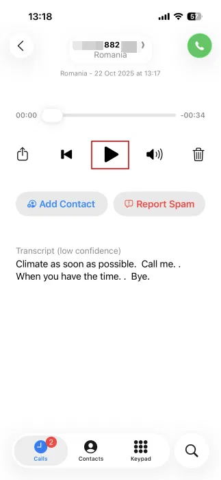 Rejouez le message vocal après avoir filtré l’appel sur iPhone.