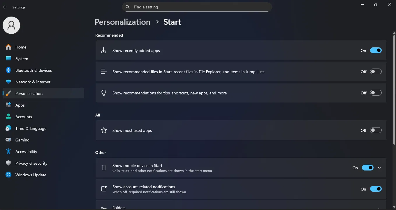 Personnalisation repensée du menu Démarrer