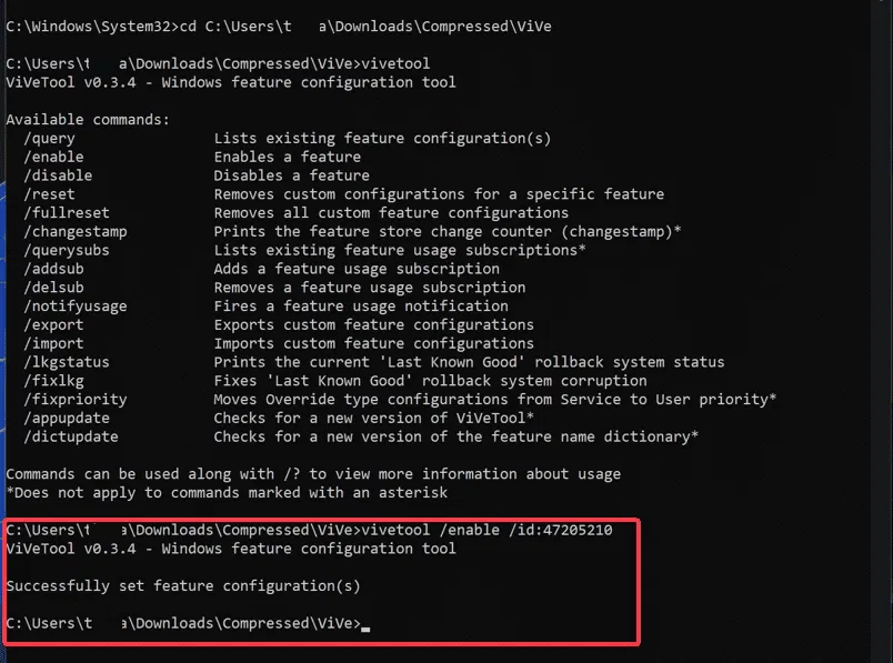 Utilisez Vivetool pour forcer l'activation du menu Démarrer