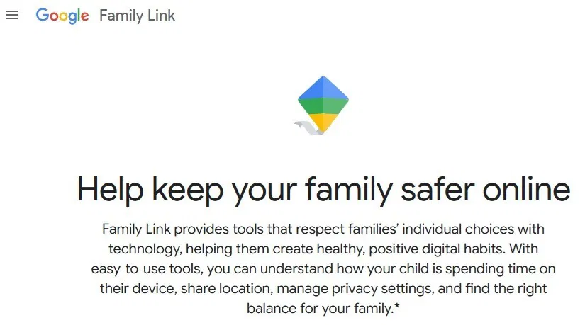 Page de démarrage de Google Family Link.