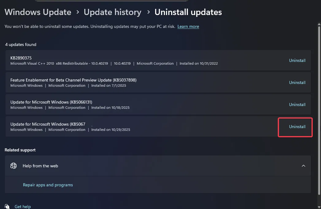 Désinstaller la mise à jour