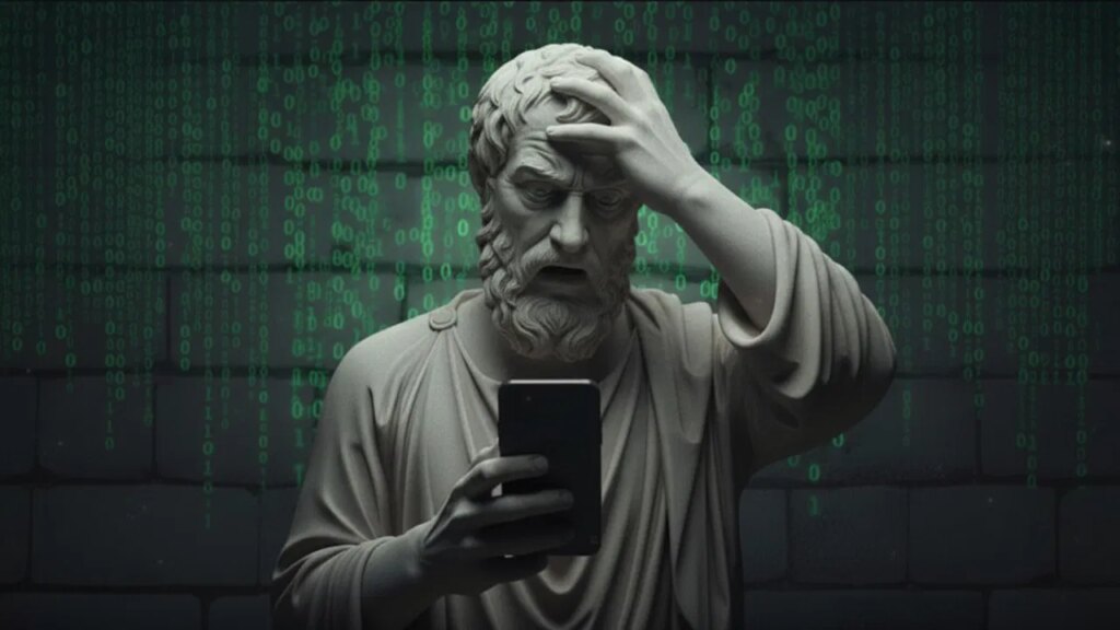 Herodotus sculpture looking into a phone and distressed