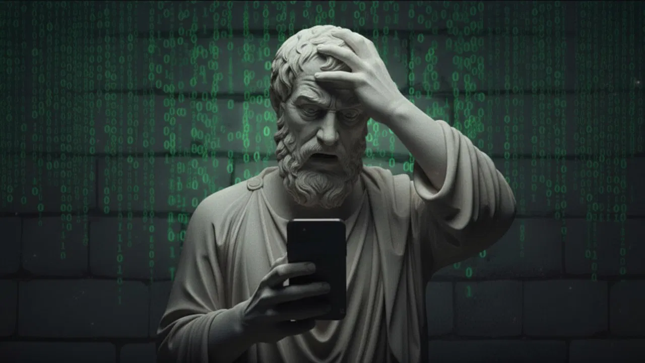 Herodotus sculpture looking into a phone and distressed