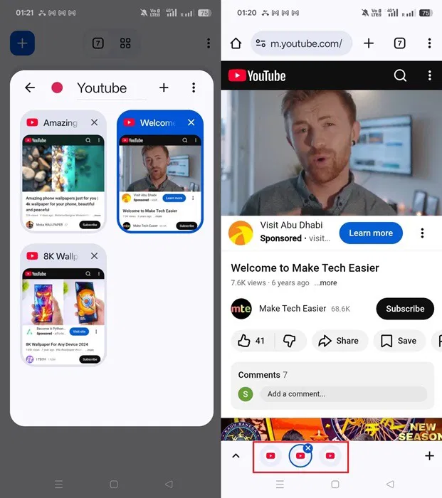 Indicateurs de progression arrondis affichant différents onglets YouTube dans l'ordre.