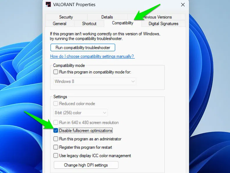 Propriétés du jeu affichant les options de compatibilité