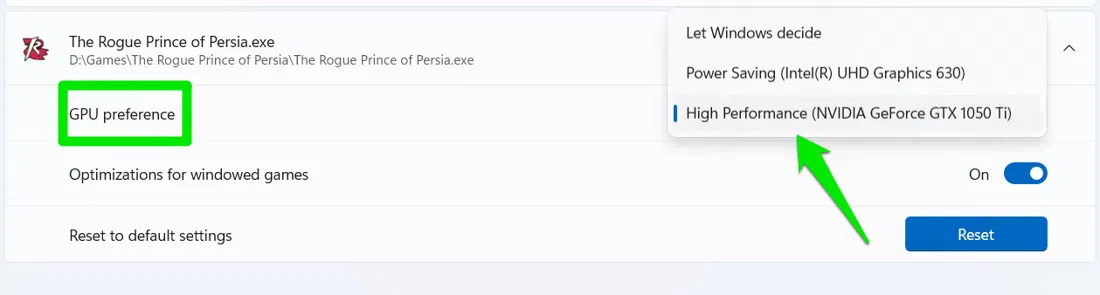 Sélection d'un GPU dédié pour une application dans les paramètres Windows