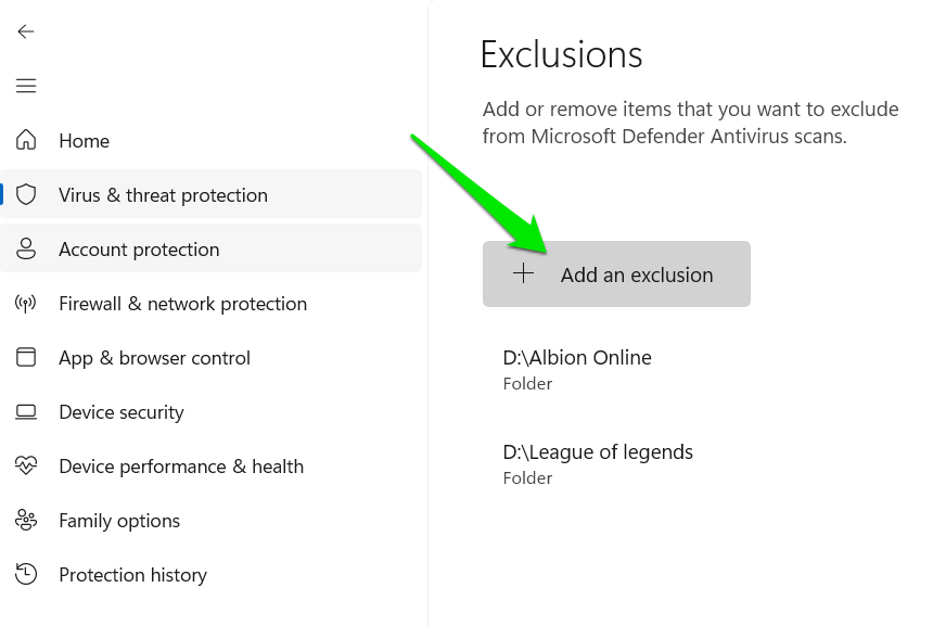Ajout d'exclusions de dossiers dans la sécurité Windows