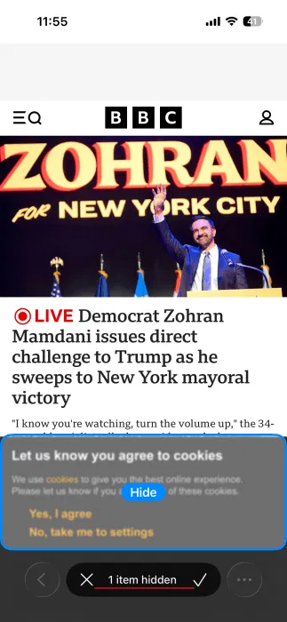 Safari vous informe qu'il a masqué 1 élément dans la page Web sur iPhone. 