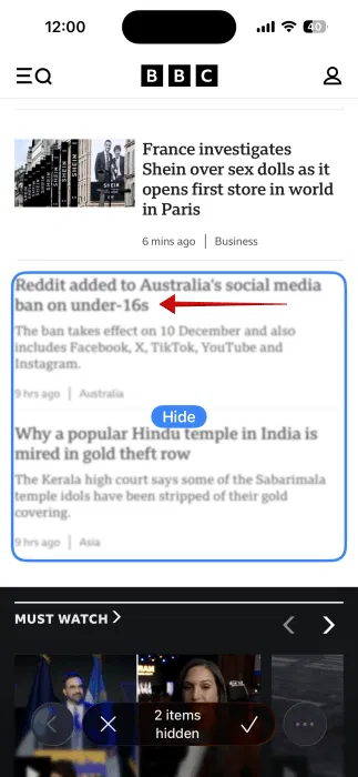 Safari sélectionnant un bloc de texte sur iPhone. 