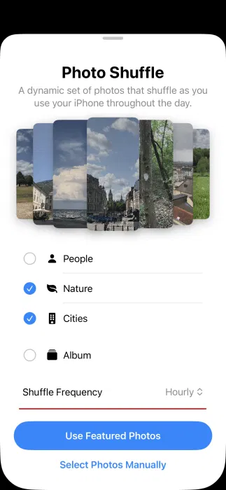 Affichage des options de Photo Shuffle dans les paramètres de l'iPhone. 