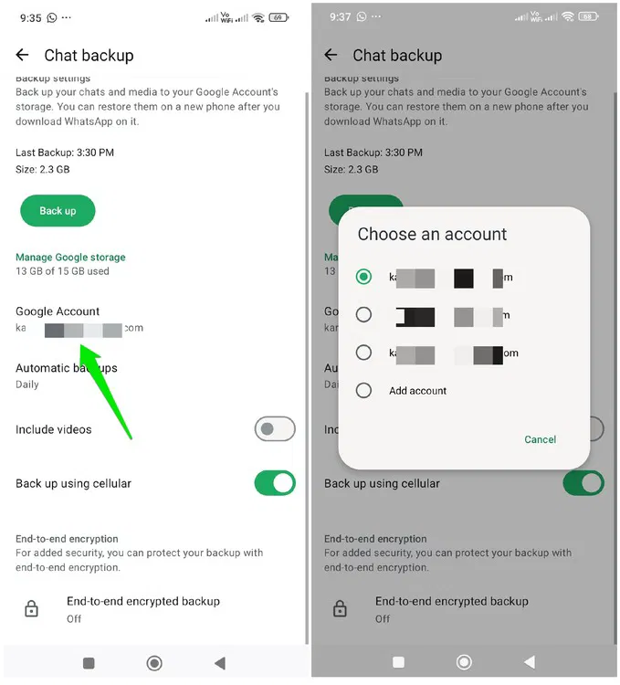 Changer de compte Google dans WhatsApp