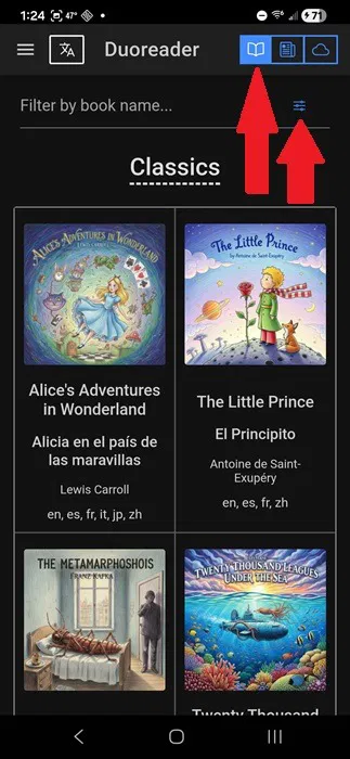 Basculer entre les livres et les articles de presse. Accéder également aux filtres.