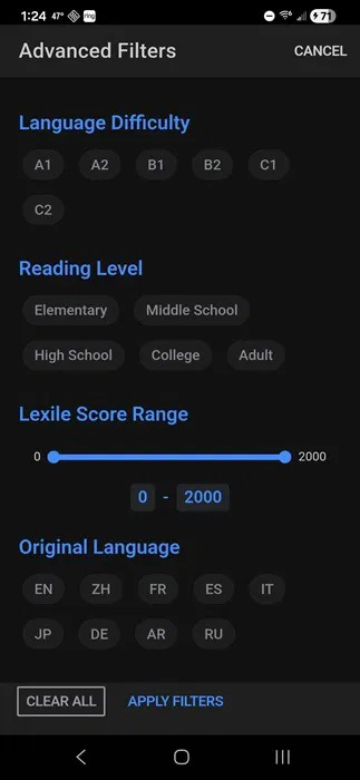 Application de filtres dans Duoreader.