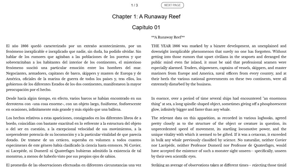 Vingt mille lieues sous les mers sur la version web de Duoreader.