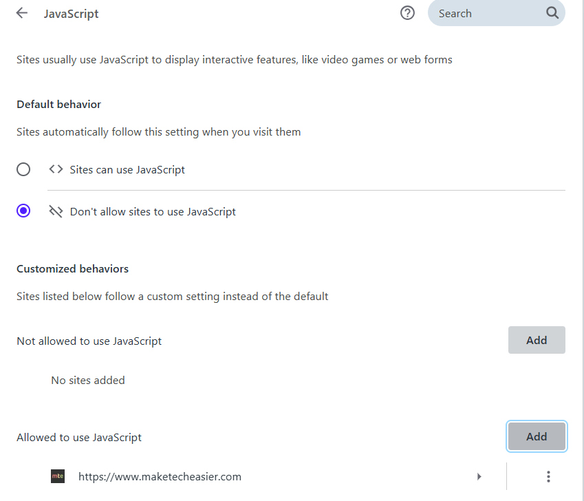 Javescript désactivé dans les paramètres du navigateur