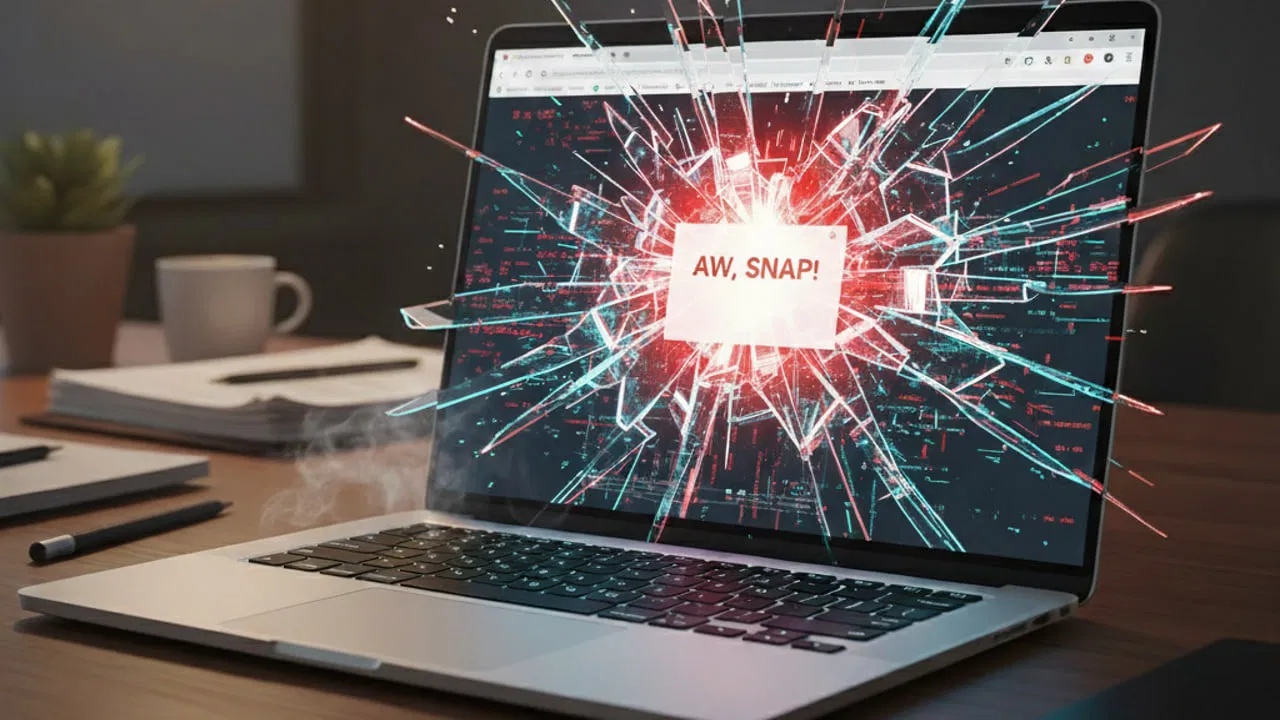 laptop on a table with Chrome crashing on the screen with Aw Snap text