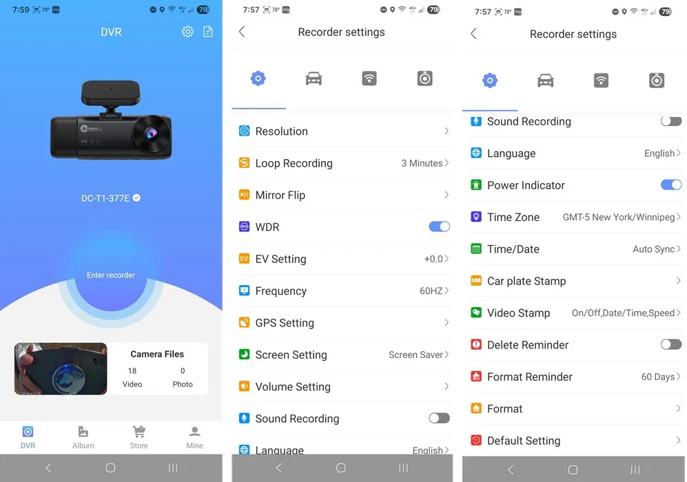 Affichage des paramètres de l'application RoadRec.