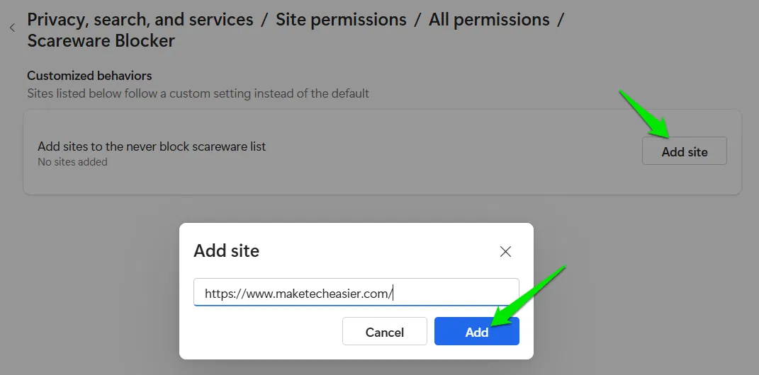 Site Web sur liste blanche dans le bloqueur de scareware Edge