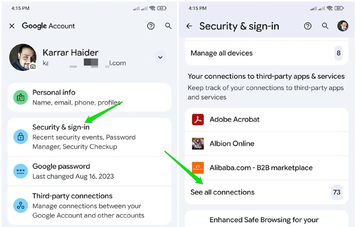 Menu Connexions tierces de Google