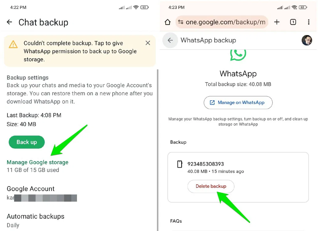 Supprimer la sauvegarde Whatsapp dans Google Drive