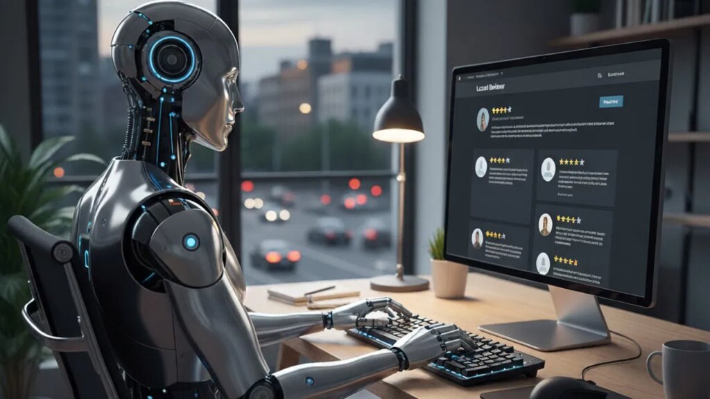 An AI robot sitting infront of a PC with reviews listed on display