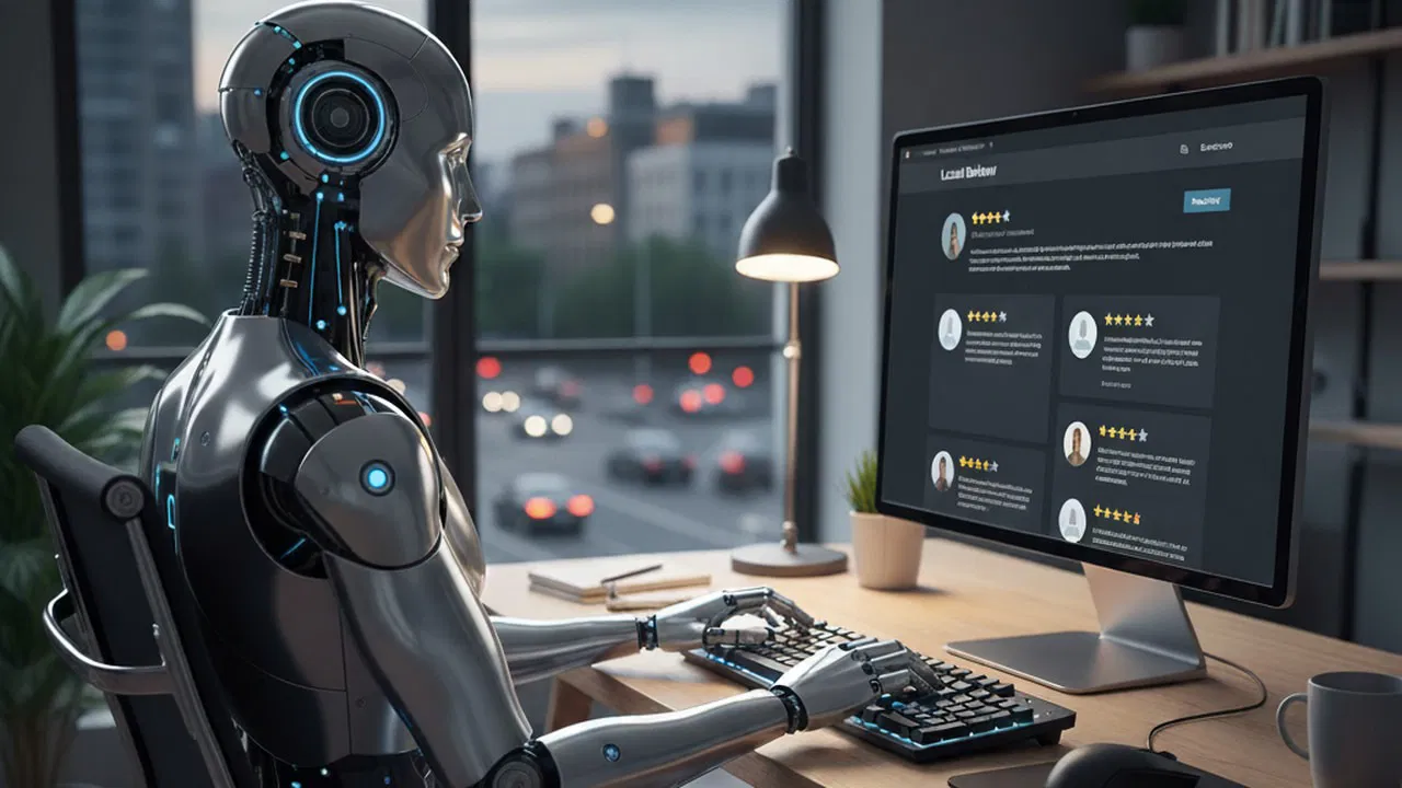 An AI robot sitting infront of a PC with reviews listed on display